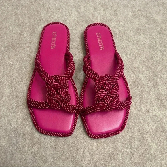 Chico’s Athena Cord Fuchsia Slip On Square Toe Flat Sandals Women’s size 7.5 - Picture 2 of 11